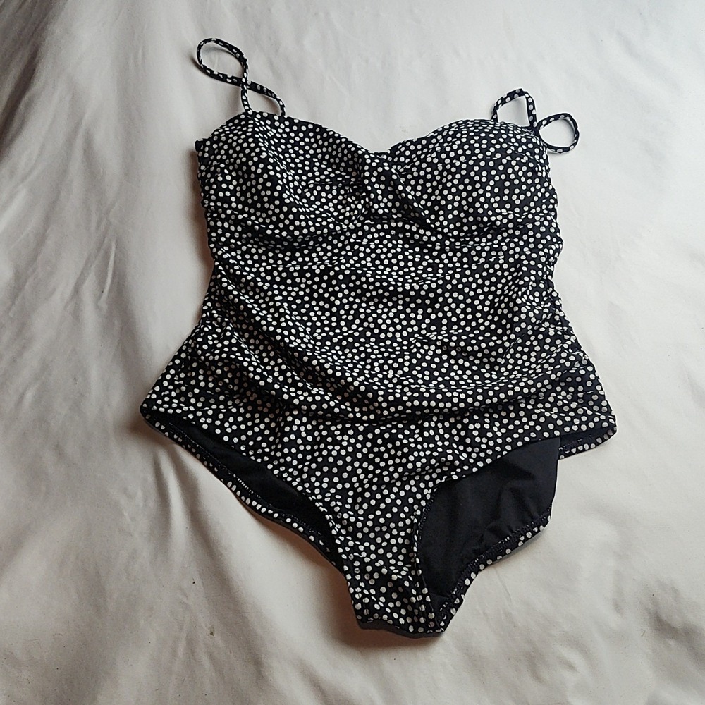 Catalina One-Piece Swimsuit Polka Dot Ruched Bandeau Black Women's Size Large